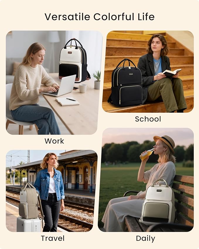 LOVEVOOK Laptop Backpack for Women with Giant Tumbler Holder Pocket, 15.6 inch Travel Work Backpack Purse for Teacher Nurse, Waterproof College Book Bag Cute Casual Daypack, Beige-Nude