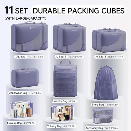 11 Set Packing Cubes for Travel,Gifts for Women Mom Kids, TSA Approved Bags for Makeup, Cosmetic, Toiletry, Suitcase Organizers for Checked Luggage, Cruise Essentials,Airplane Accessories, Purple-Gray