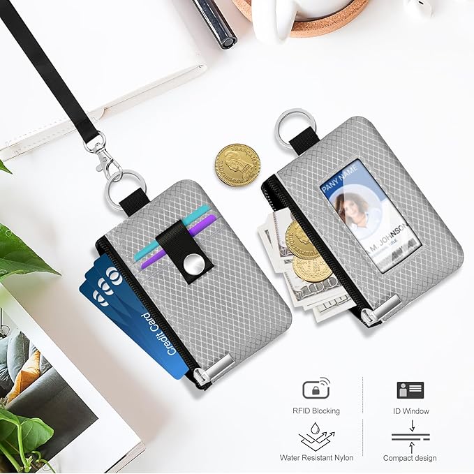 Minimalist RFID Blocking Small Wallet with ID Window,WaterResistant Zip Id Case Wallet with Lanyard Keychain for Cards,Cash,Travel,Women,Men (Light gray)