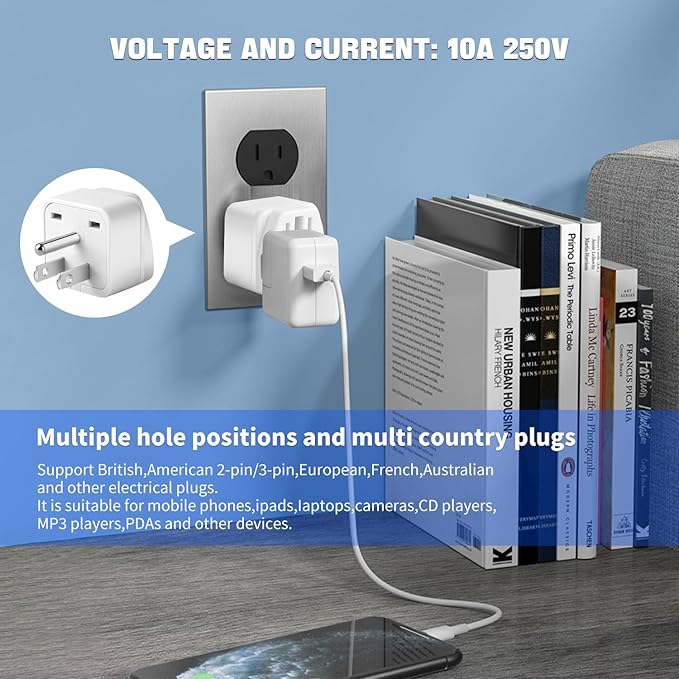 2 Pack US Travel Plug Adapter, 3 Prong Grounded USA Wall Plug Wall Outlet Power Charger Converter (White)