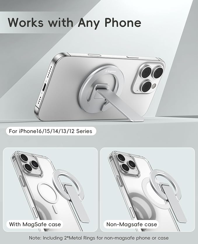 Magtame Double-Sided Magnetic Phone Stand Grip, Strong Magnetic Kickstand Desk Holder for Mag&Safe and Smartphone, Foldable Adjustable Design, Silver