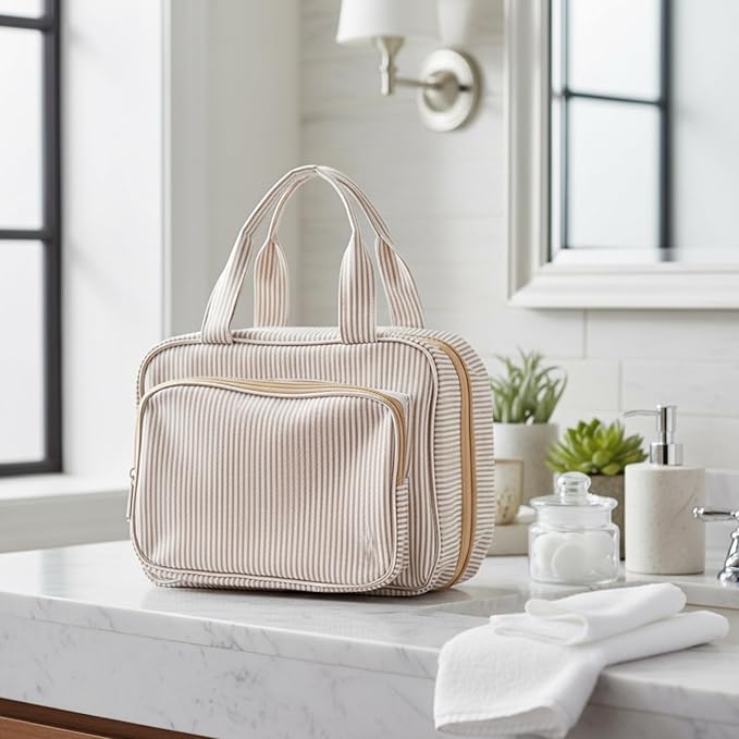 Huhumy Hanging Toiletry Bag for Women with Detachable Pouch, Travel Toiletry Bag, Travel Size Toiletries, Cosmetic Bags, Seersucker Makeup Bags Gifts for Her Mom Girlfriend Wife Teacher(Khaki)