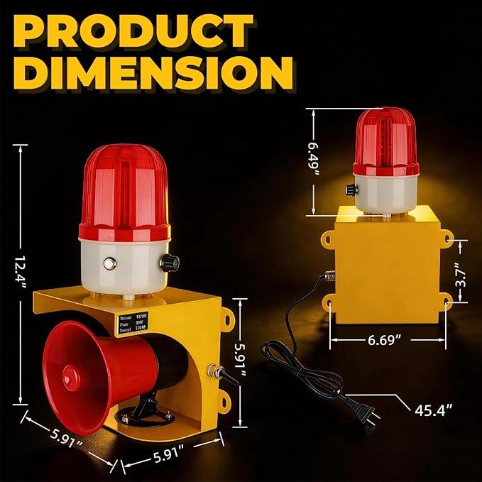 AC110V Industrial Siren Alarm Strobe Light-120dB Loud Horn&Waterproof Red Beacon Warning Light for Emergency,Factory,Fires,Tornado,Intruder Deterrent (with Switch&Volume – Adjustable 0–120dB)
