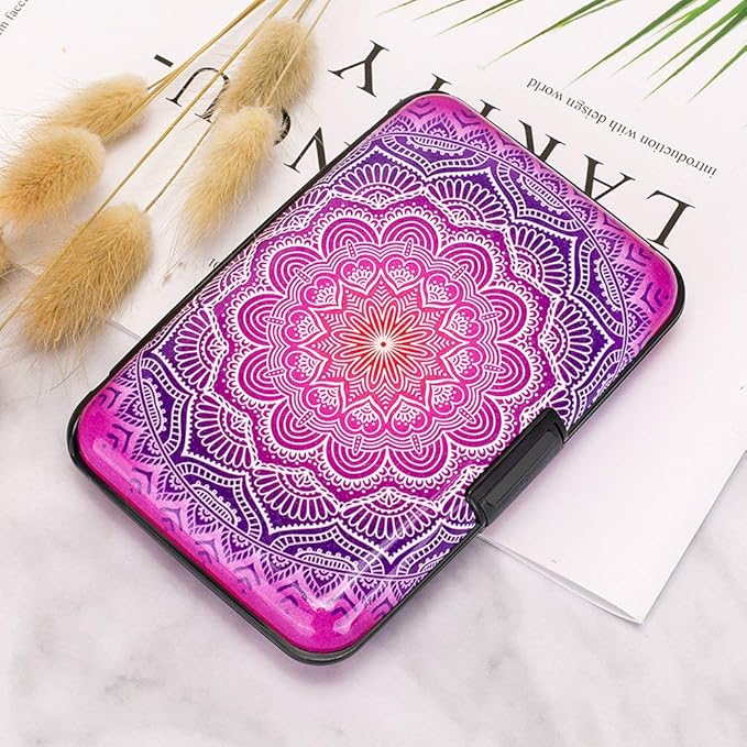 ELFISH Mini RFID Aluminum Wallet Credit Cards Holder Business Card Case Metal ID Case for Men Women (Pink flower)