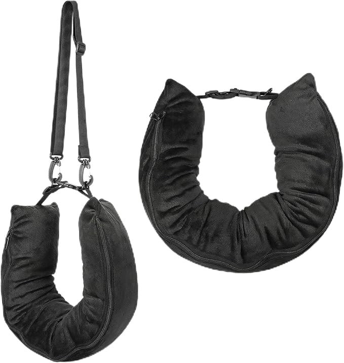Stuffable Travel Neck Pillow Velvet Stuffable Pillow for Traveling Neck Pillows for Extra Luggage with Adjustable Necks Size Portable Travel Essentials Multifunctional Sleeping Rest Cush(Black)