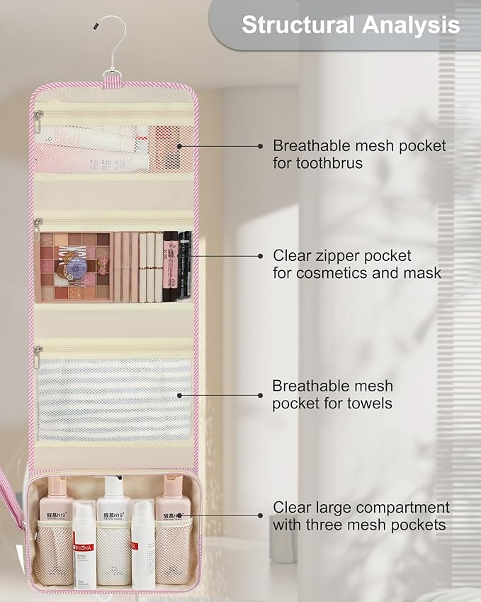 Relavel Hanging Toiletry Bag for Women, Large Makeup Travel Bag with Separate Compartments, Water Resistant Toiletries Bag for Travel Accessories, Portable Bathroom Bag for Trip Camping- Pink Strip