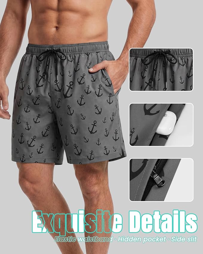 7 Inch Men Swim Trunks with Compression Breathable Liner Quick Dry Zipper Pockets for Pool Board Beach Cruise