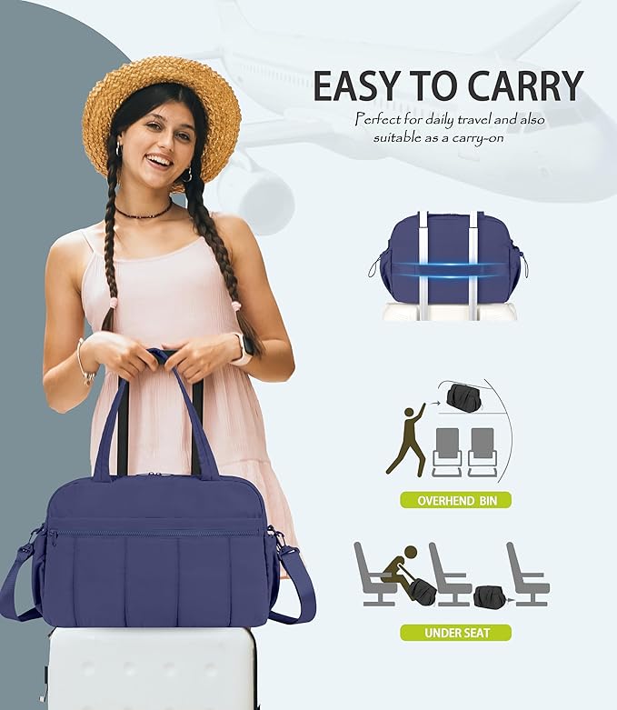 Lightweight Travel Duffle Bag for Women, Quilted Puffy Weekender with Wet Pocket for Gym, Overnight, Personal Item Carry On, Blue-Purple