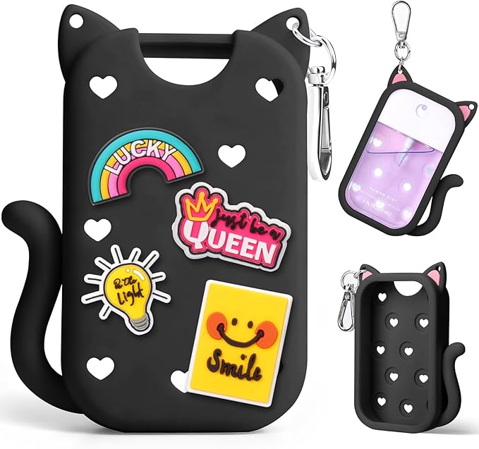 Juome Silicone Case for Touchland Hand Sanitizer Spray with Keychain & Charms, Cat Protective Holder Compatible with Touchland Power Mist & Glow Mist 1 FL Oz/30ML,Travel Cover Sleeve Accessory (Black)