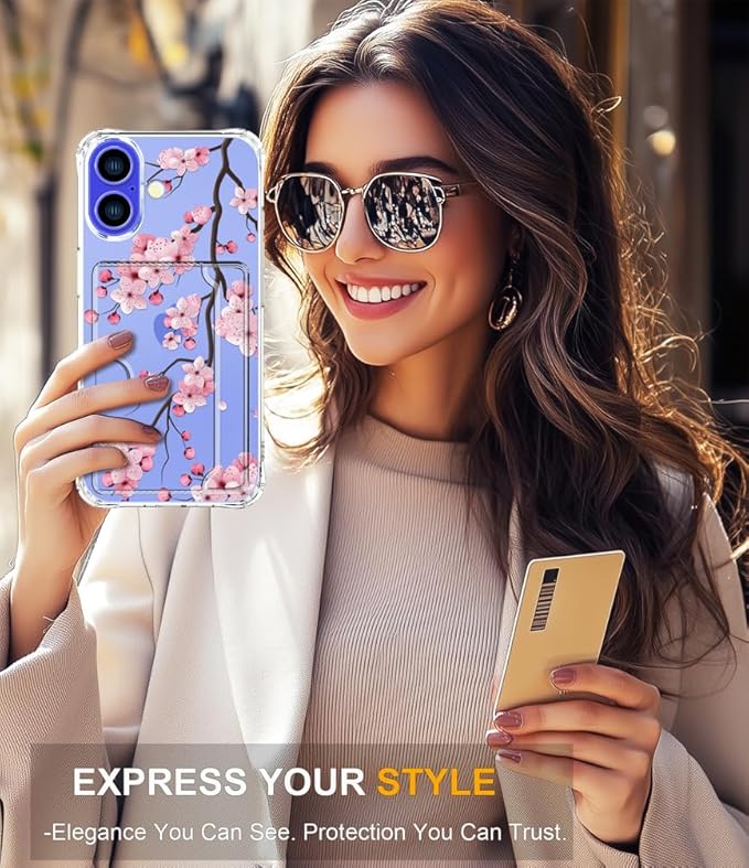Compatible with iPhone 16 Case Card Holder for Women Cute Design,Wallet Phone Cases Transparent Cool Kawaii Protective (Clear Sakura Peach Cherry)