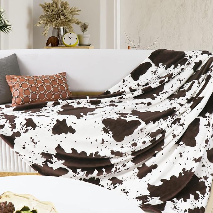 Cow Print Blanket Twin Size - Large Soft Fuzzy Throw for Couch, Twin Blanket for Bed, Neutral Boho Farmhouse Decor for Bedroom, Living Room & Dorm, Lightweight & All Seasons Use 60" x 80"