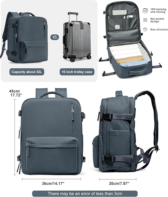 VGCUB Travel Backpack for Women Men for Spirit Airlines Personal Item Bag 18x14x8 Inches Laptop College Waterproof Carry on Flight Approved Work Backpack Mochila de Viaje, Large Grey Blue