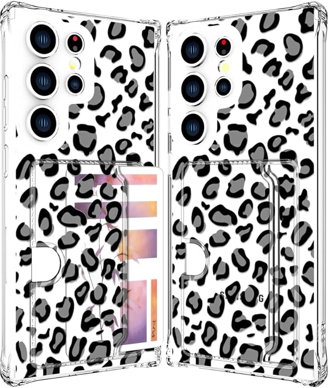 Compatible with Samsung Galaxy S24 Ultra Case Card Holder for Women Cute Design,Wallet Phone Cases Transparent Cool Kawaii Protective (Clear Leopard Cheetah Design)