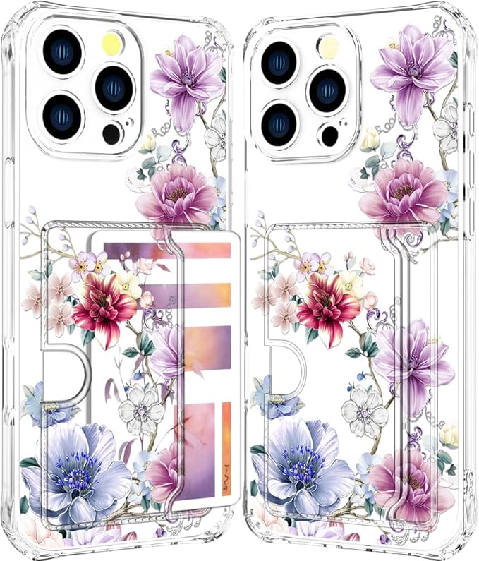Compatible with iPhone 16 Pro Max Case Card Holder for Women Cute Design,Wallet Phone Cases Transparent Cool Kawaii Protective (Clear Wonderful Large Flowers)