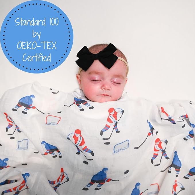 LollyBanks Swaddle Blanket 100% Muslin Cotton, 47 x 47 inches Soft Breathable Muslin Baby Swaddles for Boys, Baby Essentials, Registry and Gift (Ice Hockey Print), Pass, Shoot, Score