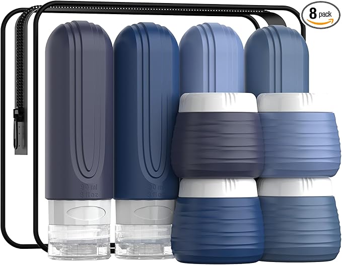 Travel Bottles for Toiletries 8 Pack, TSA Approved Travel Size Toiletries Containers Set, 4 Silicone Leak Proof Refillable Bottles and 4 Creams Jars Accessories Kit W/Clear Bag (BLUE)