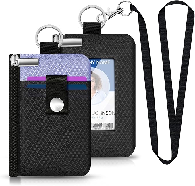 Minimalist RFID Blocking Small Wallet with ID Window,WaterResistant Zip Id Case Wallet with Lanyard Keychain for Cards,Cash,Travel,Women,Men (Black/Lavender Purple)