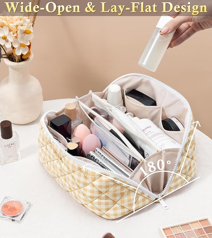 Travel Makeup Bag, 3 Pcs Large Capacity Puffy Toiletry Bag for Women, Open Flat Make up Cosmetic Organizer w/Handle & Clear Divider Water-resistant Portable Pouch Travel Essentials, L-Beige Plaid