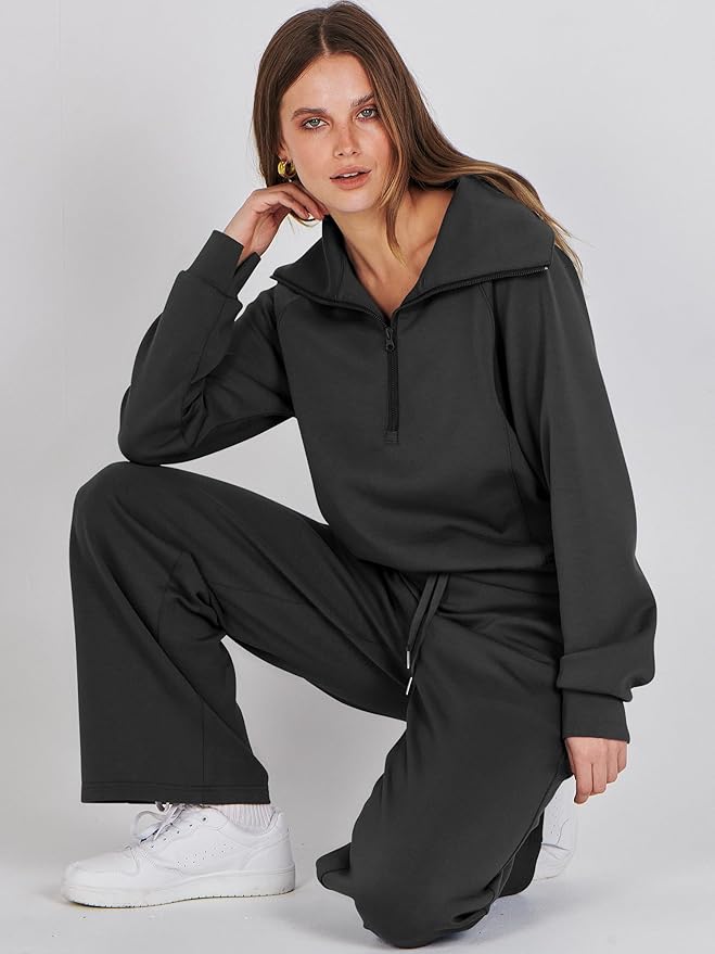 ANRABESS Women 2 Piece Outfits 2025 Fall Fashion Airport Wide Leg Pants Lounge Set Leisure Travel Vacation Clothes Sweatsuits