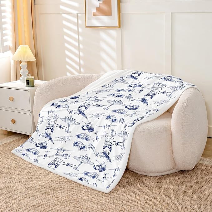 Airplane Kids Throw Blanket,American Aircraft Tank Toddler Bed Blanket for Girls Boys Adults,Racing Car Hand-Painted Sketch Fleece Blanket,Blue White Fuzzy Blanket,40 x 50 Inches