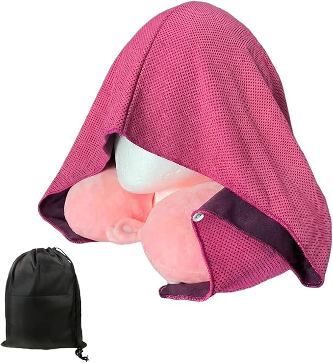Travel Pillow with Removable Large Hood, Memory Foam Neck Pillow for Airplane, Car, Train Travel Sleeping & Rest, with Soft Cover (Pink)