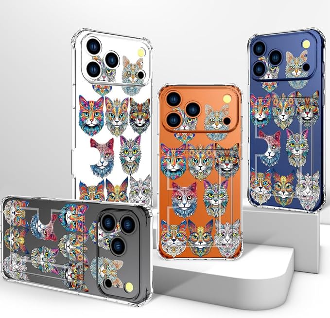 Compatible with iPhone 17 Pro Max Case Card Holder for Women Cute Design,Wallet Phone Cases Transparent Cool Kawaii Protective (Clear Tattoo Cats Animal)