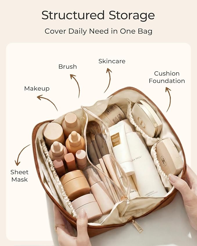 BAGSMART Makeup Bag Travel Cosmetic Bag, Large Make Up Bag Flat Open Toiletry Bag for Women, PU Leather Travel Essentials Organizer Case, Wide-open Pouch Purse for Skincare, Brushes, Vintage Brown