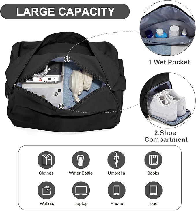 Large Gym Bag with Shoe Compartment, Workout Sport Duffle Bag for Women Travel, Waterproof Shoulder Overnight Bags Lightweight Carry on Tote Bags for Swim, Yoga, Dance