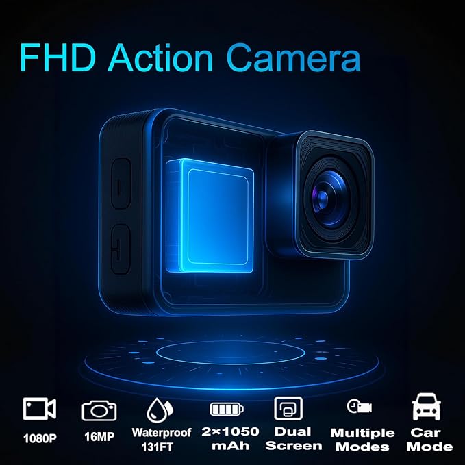 Action Camera FHD 1080P 16MP with 32GB Memory Card - 131FT/40M Waterproof Dual Screen Sports Camera,2X Batteries & Multifunctional Accessories Kit for Helmet, Bicycle