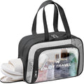 BuyCard Chenille Letter Patch Clear Travel Bags, Preppy PVC&Nylon Makeup Bag with Handle and Zipper, Waterproof Large Clear Travel Toiletry Bag Storage Bag for Women Girls