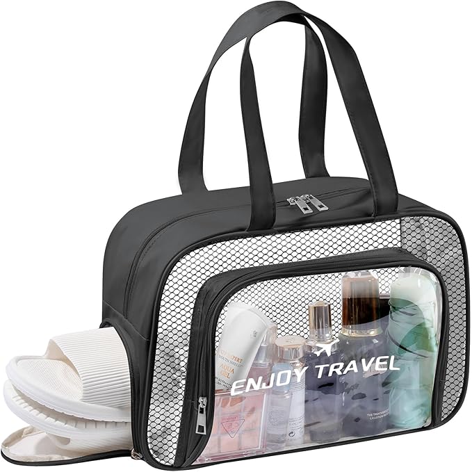BuyCard Chenille Letter Patch Clear Travel Bags, Preppy PVC&Nylon Makeup Bag with Handle and Zipper, Waterproof Large Clear Travel Toiletry Bag Storage Bag for Women Girls