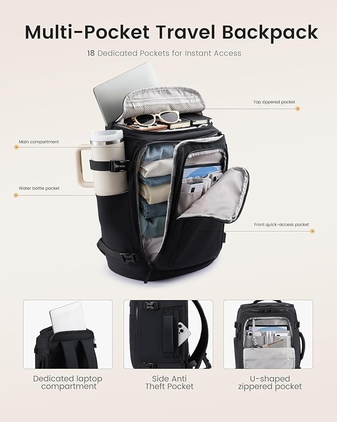 LOVEVOOK Travel Backpack for Women & Men, 40L TSA Approved Carry On Backpack with 3 Packing Cubes, Waterproof Weekender Overnight Bag, Business Travel Essentials, Beige-Black-Orange