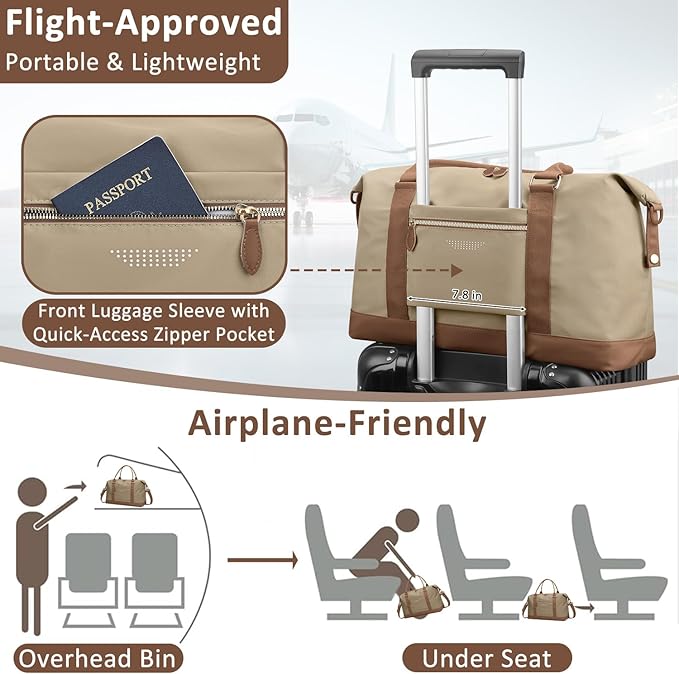ELONGRIVER Travel Duffle Bag for Women, Weekender Bags, Hospital Bag for Labor Delivery, Lightweight Tote Duffel Overnight Bag with Luggage Sleeve, Airplane Travel Bags with Toiletry Bag, Large, Khaki