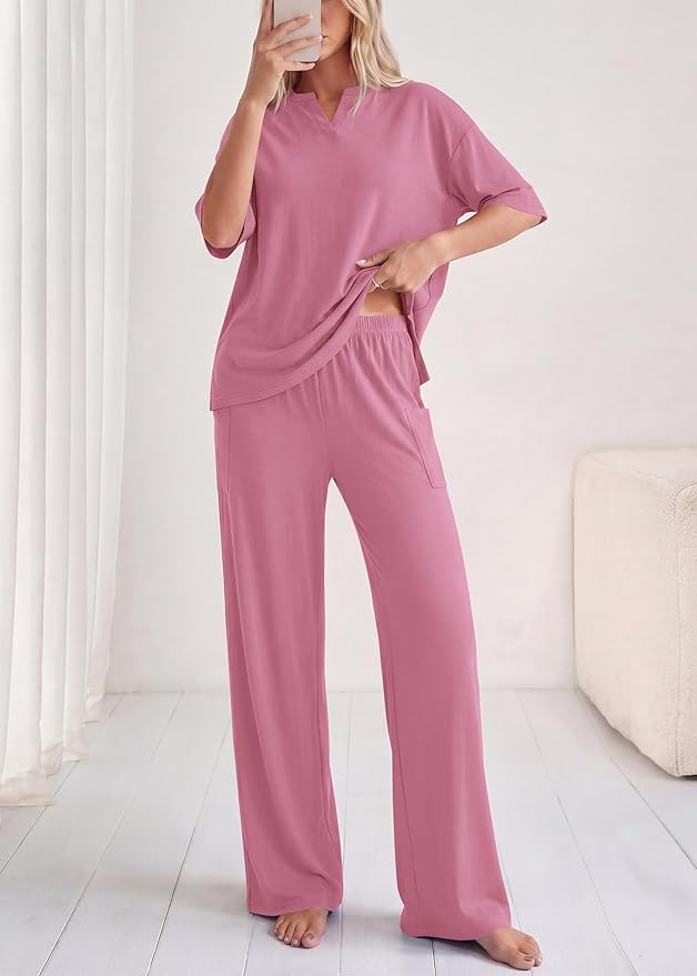 KIRUNDO Womens 2 Piece Matching Lounge Set Airport Travel Vacation Summer Outfits Oversized Short Sleeve Tops Wide Leg Pants