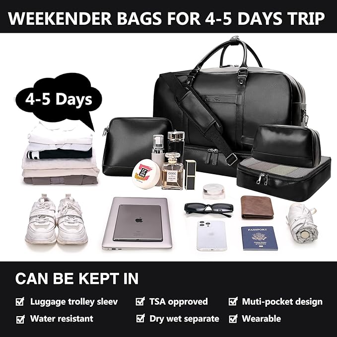 Large 4-in-1 Leather Duffle Bag for Travel Weekender Overnight Hospital Gym Bag for Men & Women, Carry On Airline Approved Personal Item Duffel Garment Bag Luggage with Shoe Compartment & Toiletry Bag