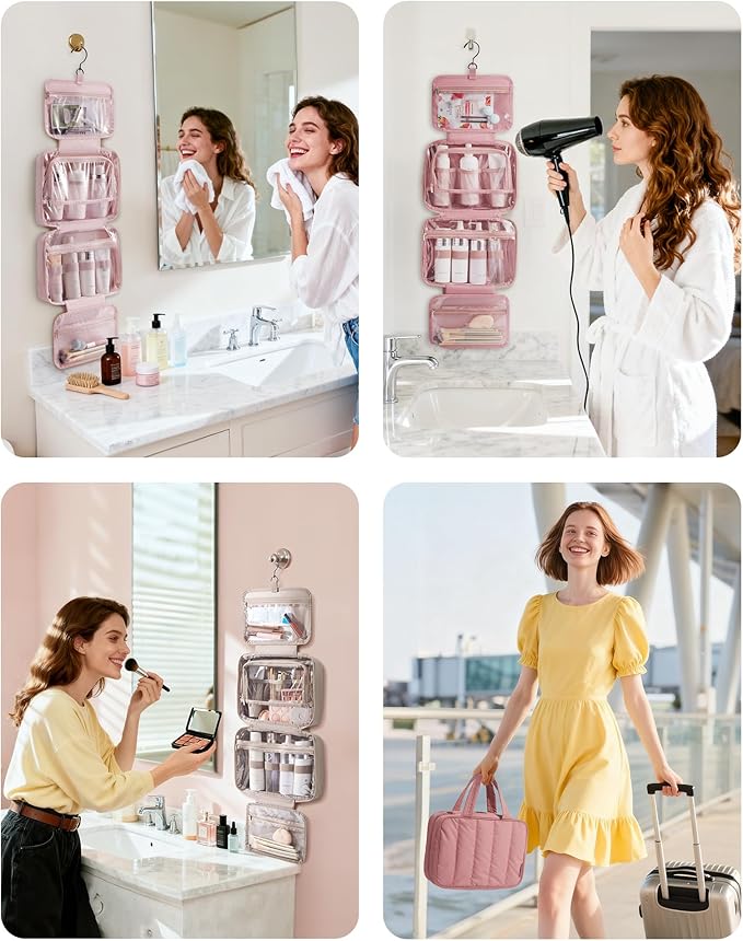 BAGSMART Travel Toiletry Bag for women, Portable Hanging Hook Makeup Bag Organizer, Waterproof Makeup Cosmetic Bag, for Full-Size Accessories, Toiletries,Purple