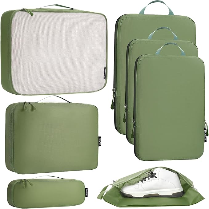 Bagail Ultralight Compression Cubes 7 Set - 3 Packing Cubes, 3 Organizers, and 1 Shoe Bag