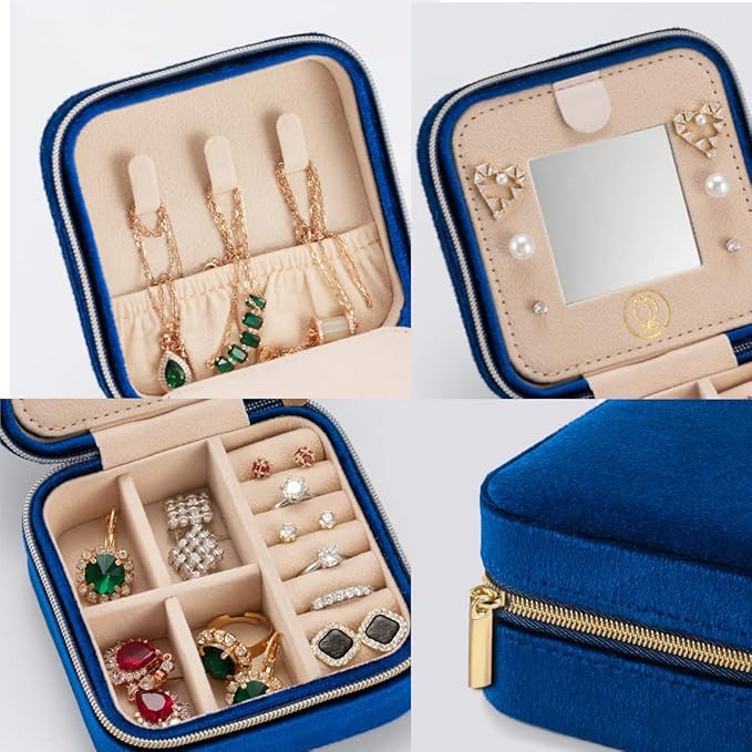 ZPROW Plush Velvet Travel Jewelry Case, Travel Jewelry Organizer, Jewelry Travel Case, Travel Jewelry Box, Small Jewelry Case for Women, Jewelry Travel Box, Earring Organizer with Mirror - Navy Blue