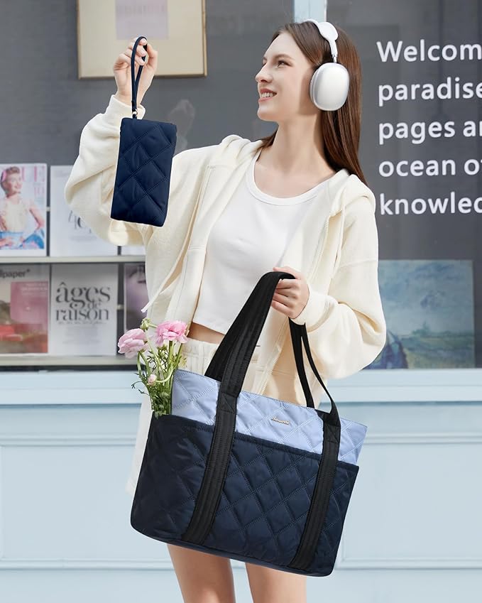 LOVEVOOK Puffer Tote Bag for Women, Puffy Work Handbag with Cup Holder, Travel Carry On Bag with Zipper for Teacher Nurse Gym