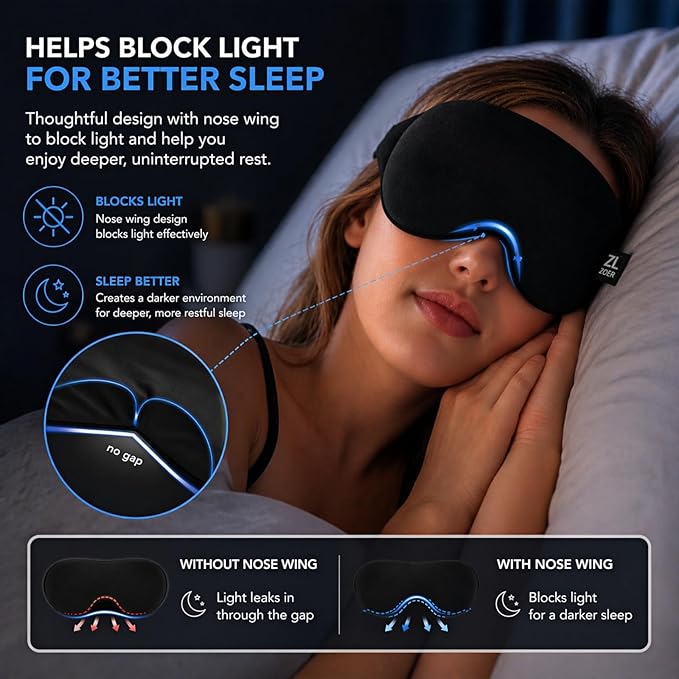 Cool-Touch Cotton Eye Sleep Mask for Men & Women, Soft & Breathable, Pressure-Free Design for Side Sleepers, Adjustable Light Blocking Mask for Sleeping, Travel & Naps (Black)