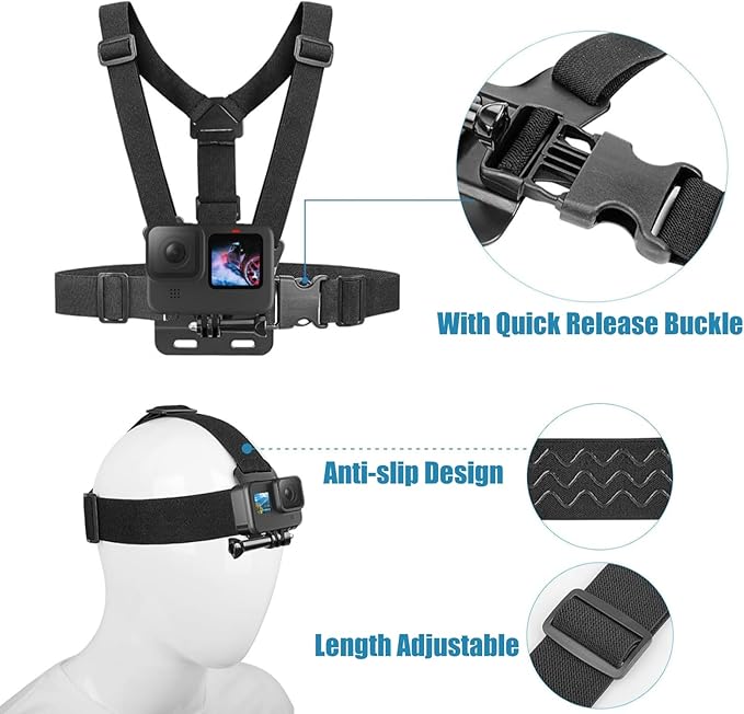 36 in 1 Accessories Kit for Action Camera, Chest & Head Strap Mount, 360° Rotating Wrist Strap Mount, Backpack Clip, Suction Cup Mount, Floating Handle Grip and Various Adjustable Camera Accessories