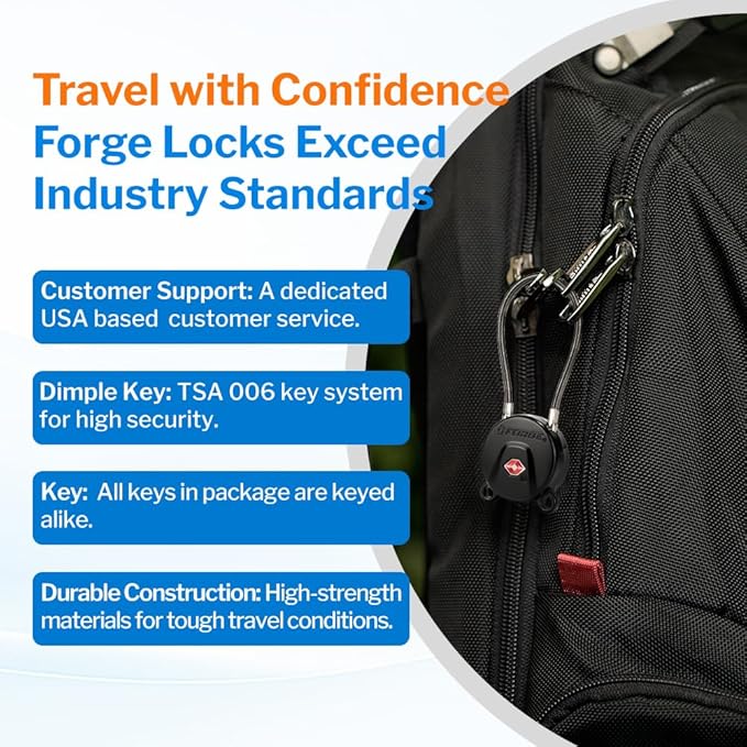 Forge TSA Approved Luggage Locks Ultra-Secure Dimple TSA006 Key Travel Locks with Zinc Alloy Body- Black 2 Cable Locks