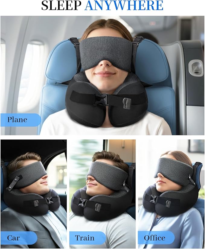 Travel Pillow for Long Flight Airplanes, Head Strap with Soft Eye Mask for Sleep, Memory Foam Travel Neck Pillow for Car Trip Essential, 360° Headrest Support to Stop Bobblehead, EVA Travel Case, Grey