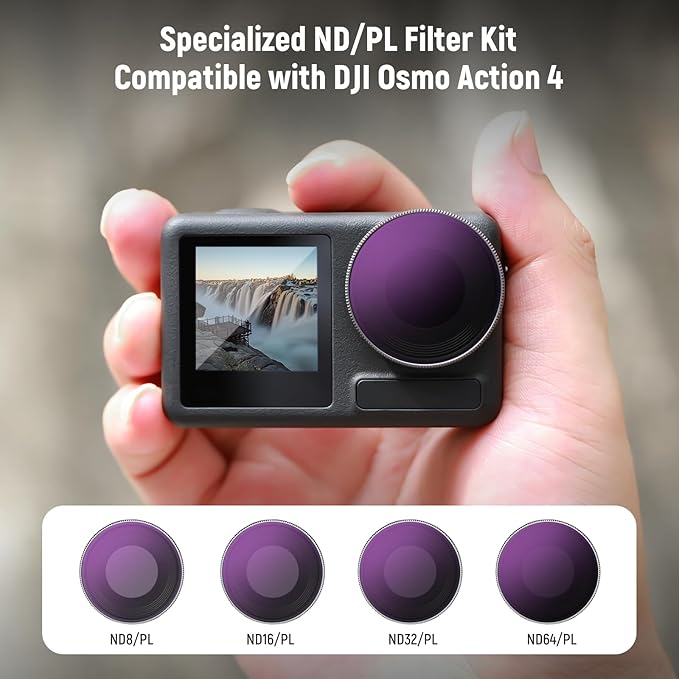 NEEWER ND/PL Filter Set Compatible with DJI Osmo Action 4/Action 5 Pro (4 Pack), Screw OnND8/PL+ND16/PL+ND32/PL+ND64/PL Filter Kit Action Camera Accessories Multicoated HD Optical Glass , FL-A14