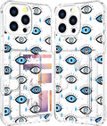 Compatible with iPhone 16 Pro Case Card Holder for Women Cute Design,Wallet Phone Cases Transparent Cool Kawaii Protective (Clear Blue Evil Eyes)