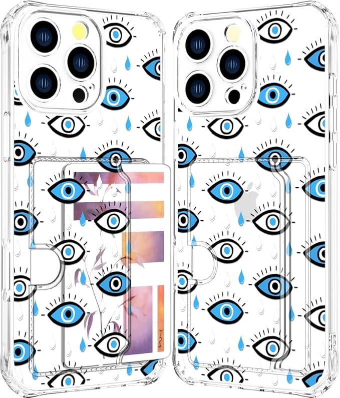 Compatible with iPhone 16 Pro Case Card Holder for Women Cute Design,Wallet Phone Cases Transparent Cool Kawaii Protective (Clear Blue Evil Eyes)
