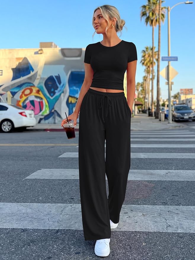 Trendy Queen 2 Piece Matching Summer Lounge Set Womens Side Ruching Top Wide Leg Pants Sets with Pockets