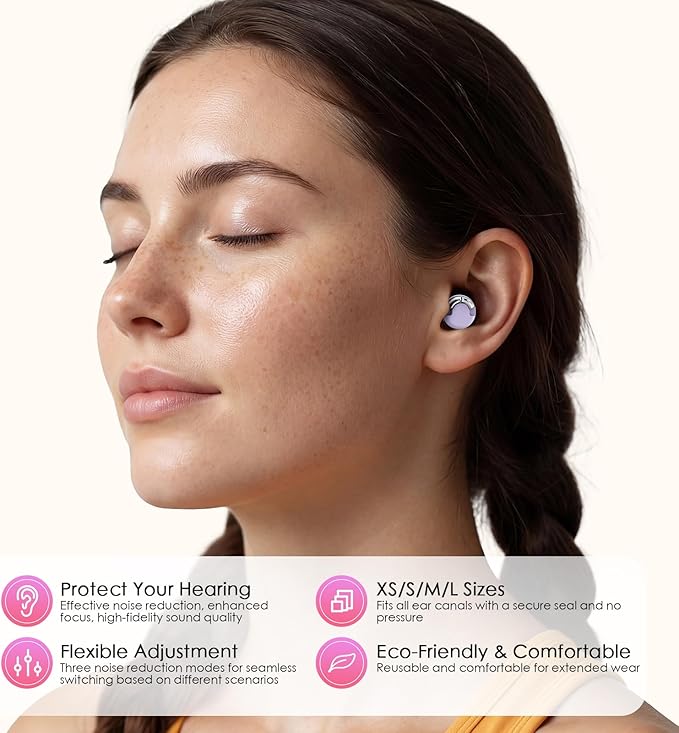 Adjustable Ear Plugs - 3 Noise Cancelling Modes for Concerts, Work, Travel & More, Reusable Hearing Protection with 4 Sizes (XS/S/M/L), Comfortable Ear Plugs for Noise Reduction, Purple Silver