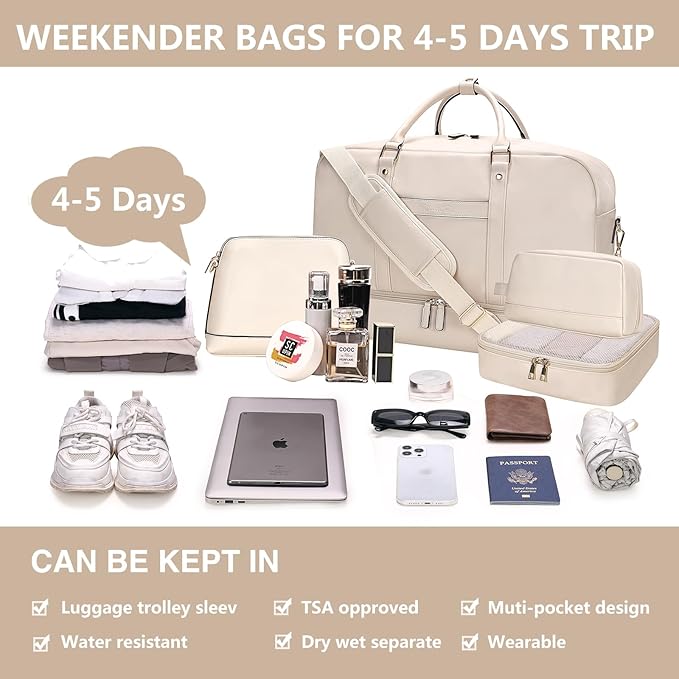 Large 4-in-1 Leather Duffle Bag for Travel Weekender Overnight Hospital Gym Bag for Men & Women, Carry On Airline Approved Personal Item Duffel Garment Bag Luggage with Shoe Compartment & Toiletry Bag