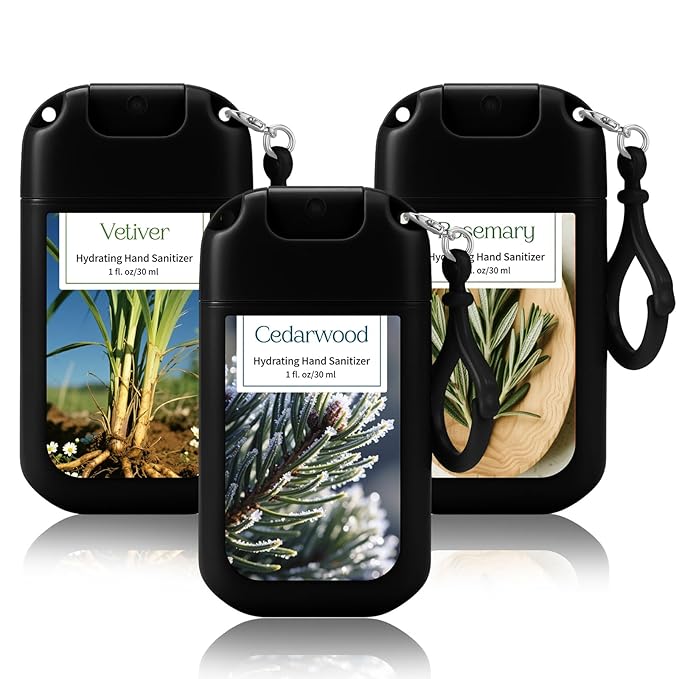 Set of 3 Power Mist Hydrating Hand Sanitizer Spray Bulk with Keychain Travel Size Refreshing Hand Sanitizer 1 Fl. oz Compact Spray Bottle Vetiver Cedarwood Rosemary Scent for Men Friends Gifts